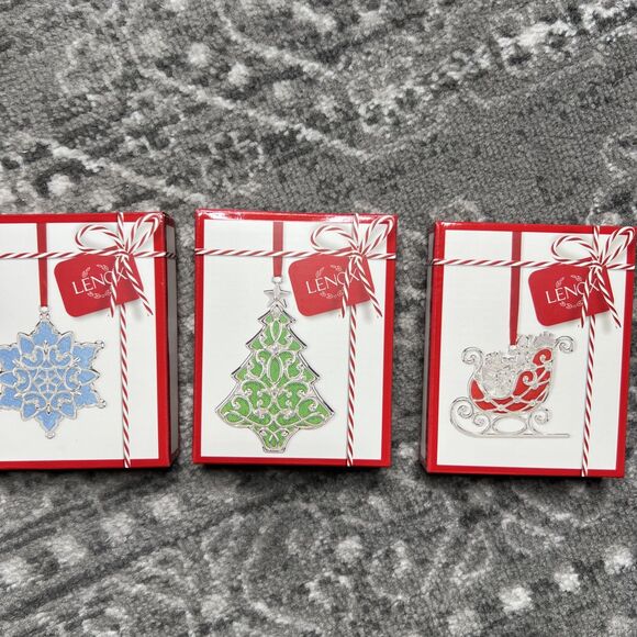 Lenox Merry & Bright Christmas Ornament Set of 3 Tree Sleigh Snowflake Metal NIB - Picture 4 of 4